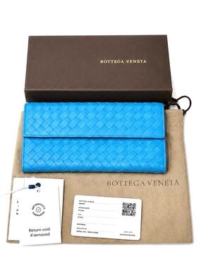 Bottega Veneta Intrecciato Teal Blue Leather Long Wallet FULLSET